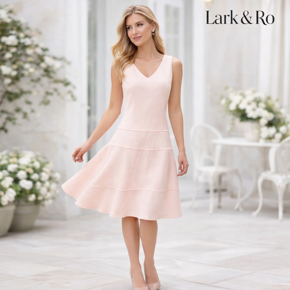 Lark & Ro Peach Pink Textured V Neck Fit Flare Church Brunch Dress Lined Size 12